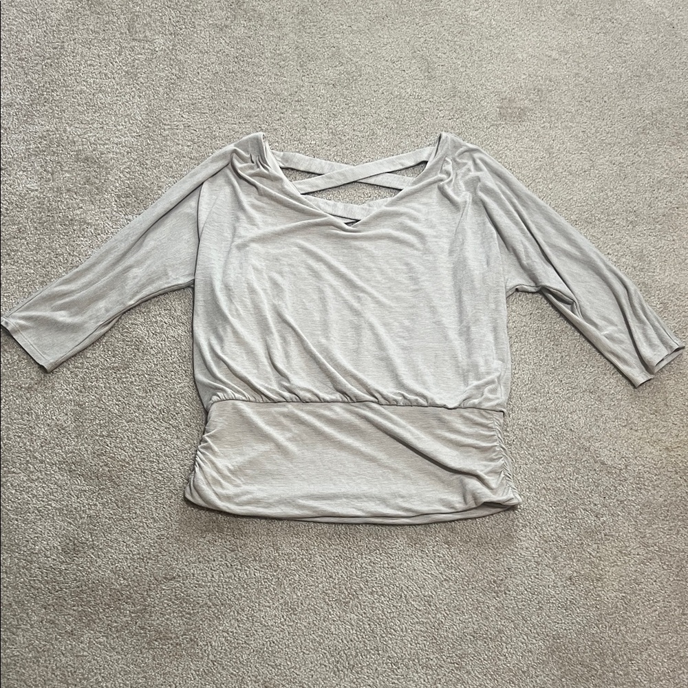 White House Black Market Tan and Cream Striped Crisscross Back Top